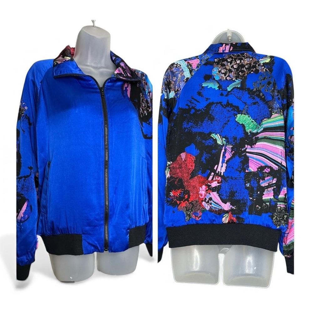 Vintage‎ Silk Bomber Jacket Small Blue w/ Mixed Print Funky Art to Wear Eclectic